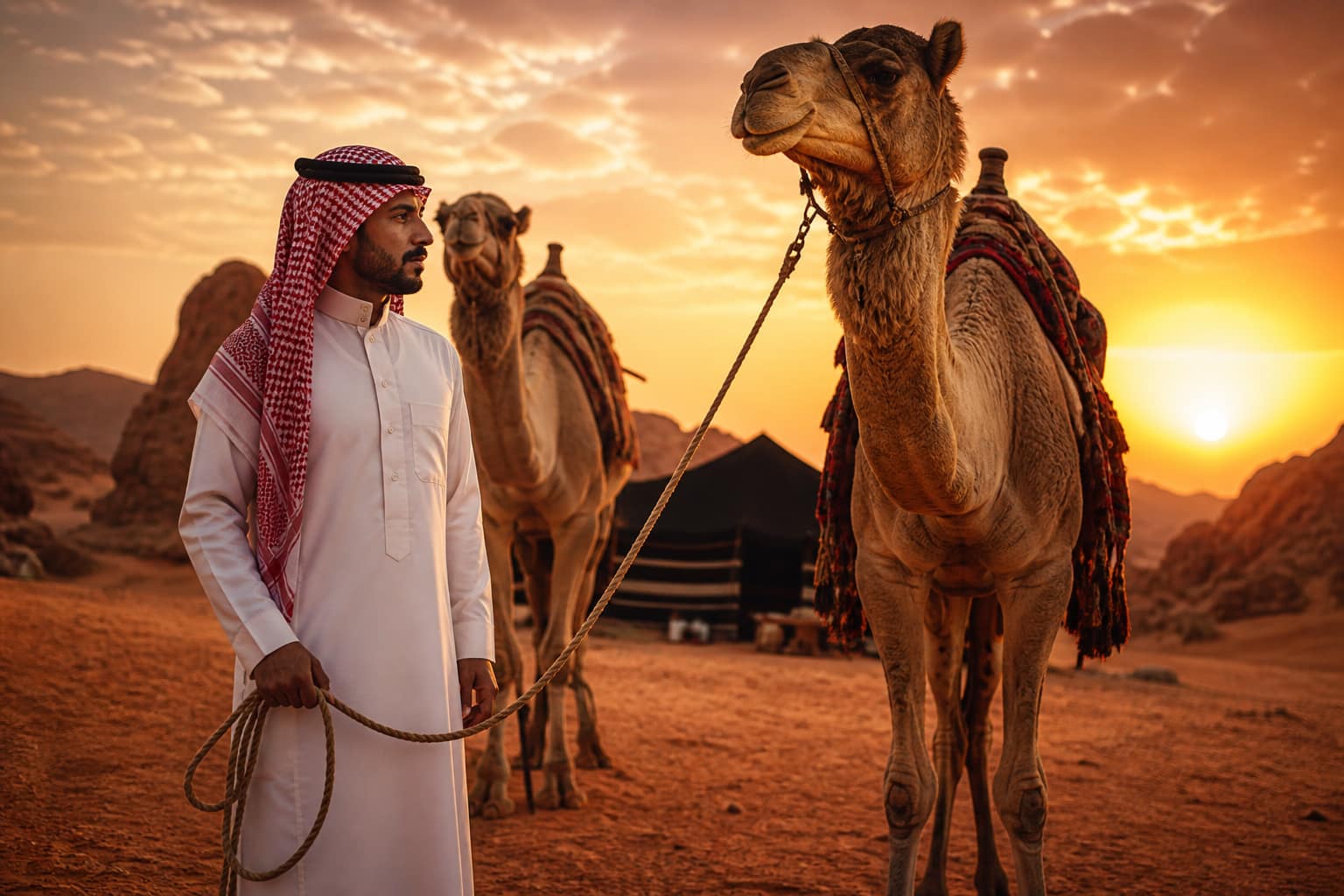 راعٍ سعودي تقليدي بجانب جمل في صحراء ذهبية مع خيمة تراثية — يجسّد الأصالة وموروث الإبل