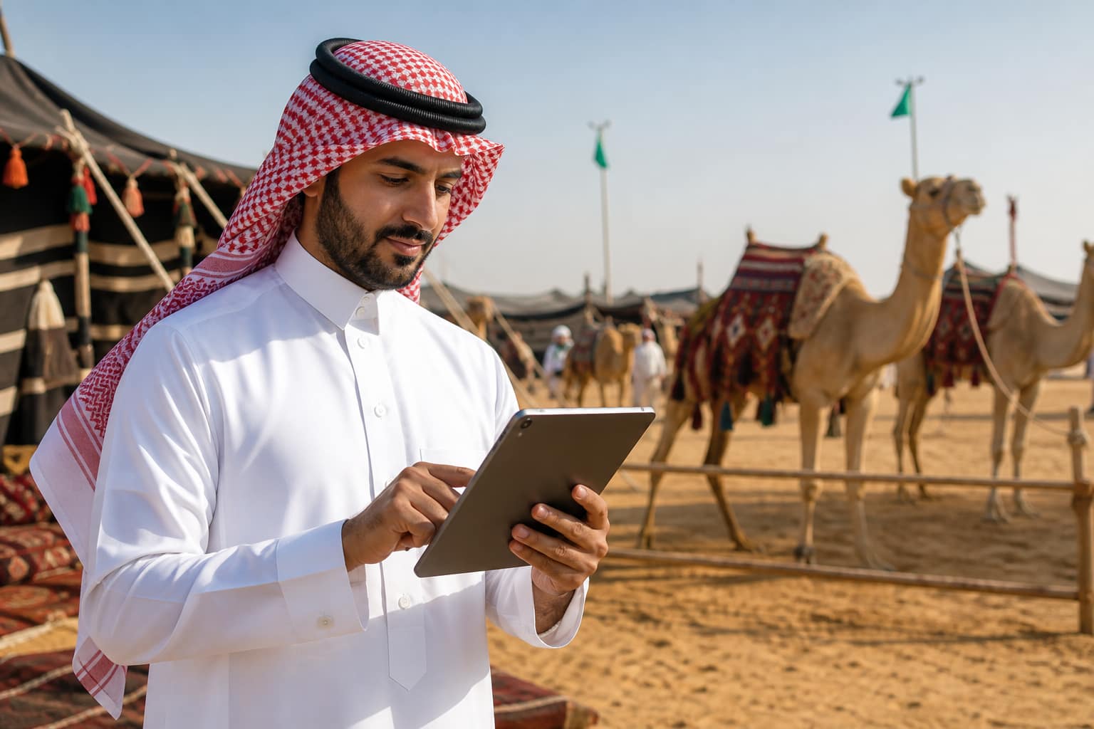 شخص يستخدم جهازاً لوحياً في مهرجان الإبل مع خلفية تراثية — يجسّد الابتكار والتحول الرقمي