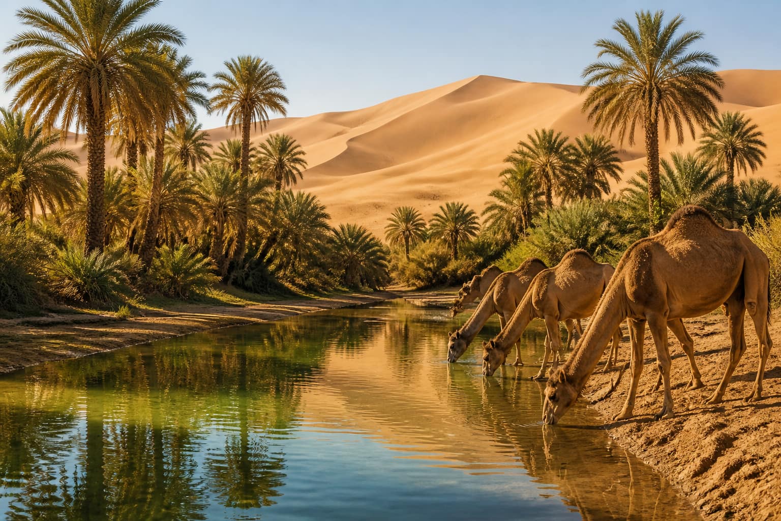 واحة صحراوية بنخيل وجمال تتشارب الماء — تجسّد الاستدامة والحفاظ على الموروث