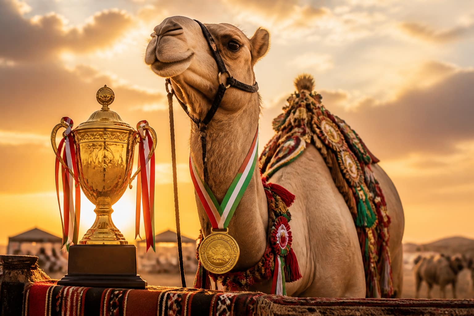 جمل فائز في مهرجان الإبل مع كأس ووسام في إضاءة ذهبية — يجسّد التميز والإنجاز